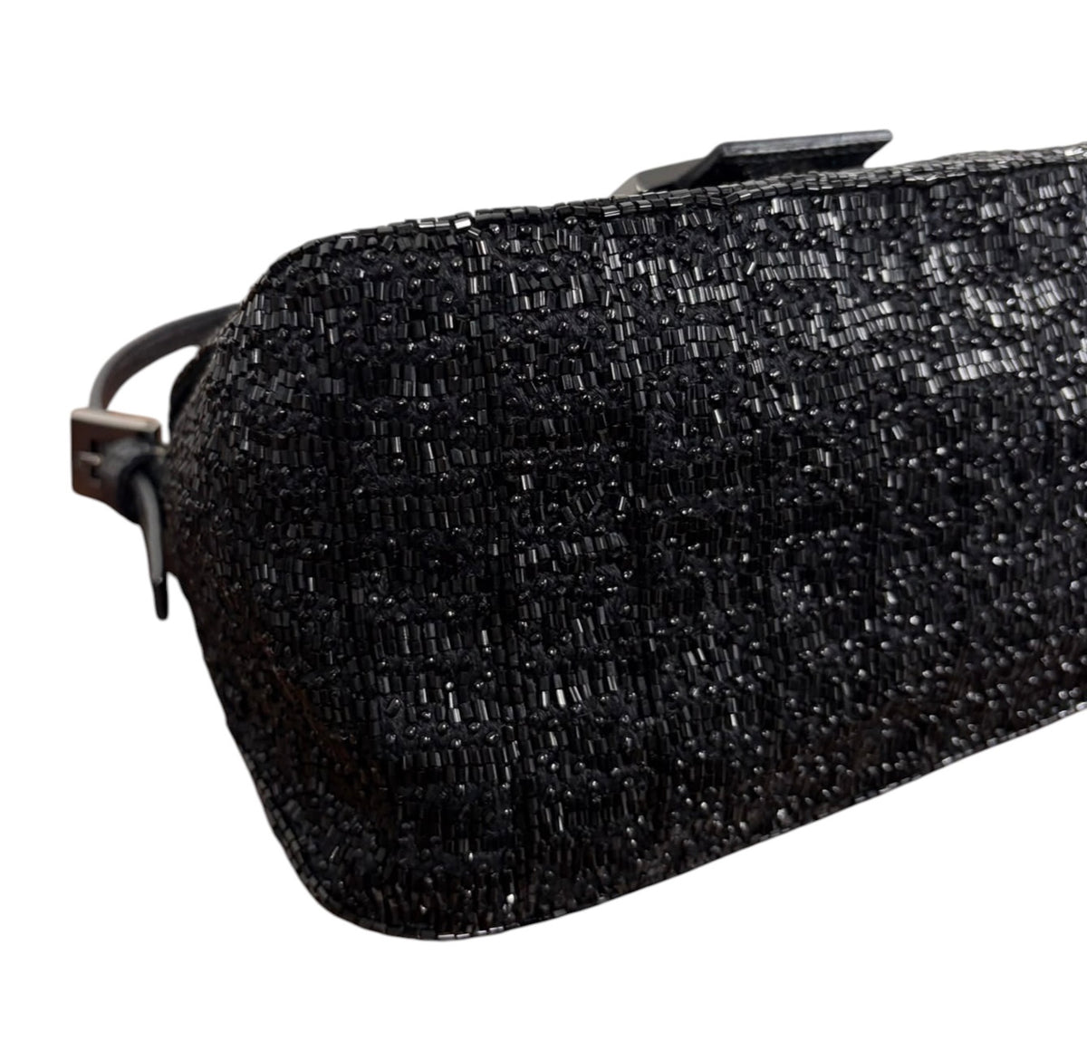 Fendi Vintage Black Zucca Beaded Embroidered Mini Mamma Shoulder Baguette Bag with Lizard Trim
