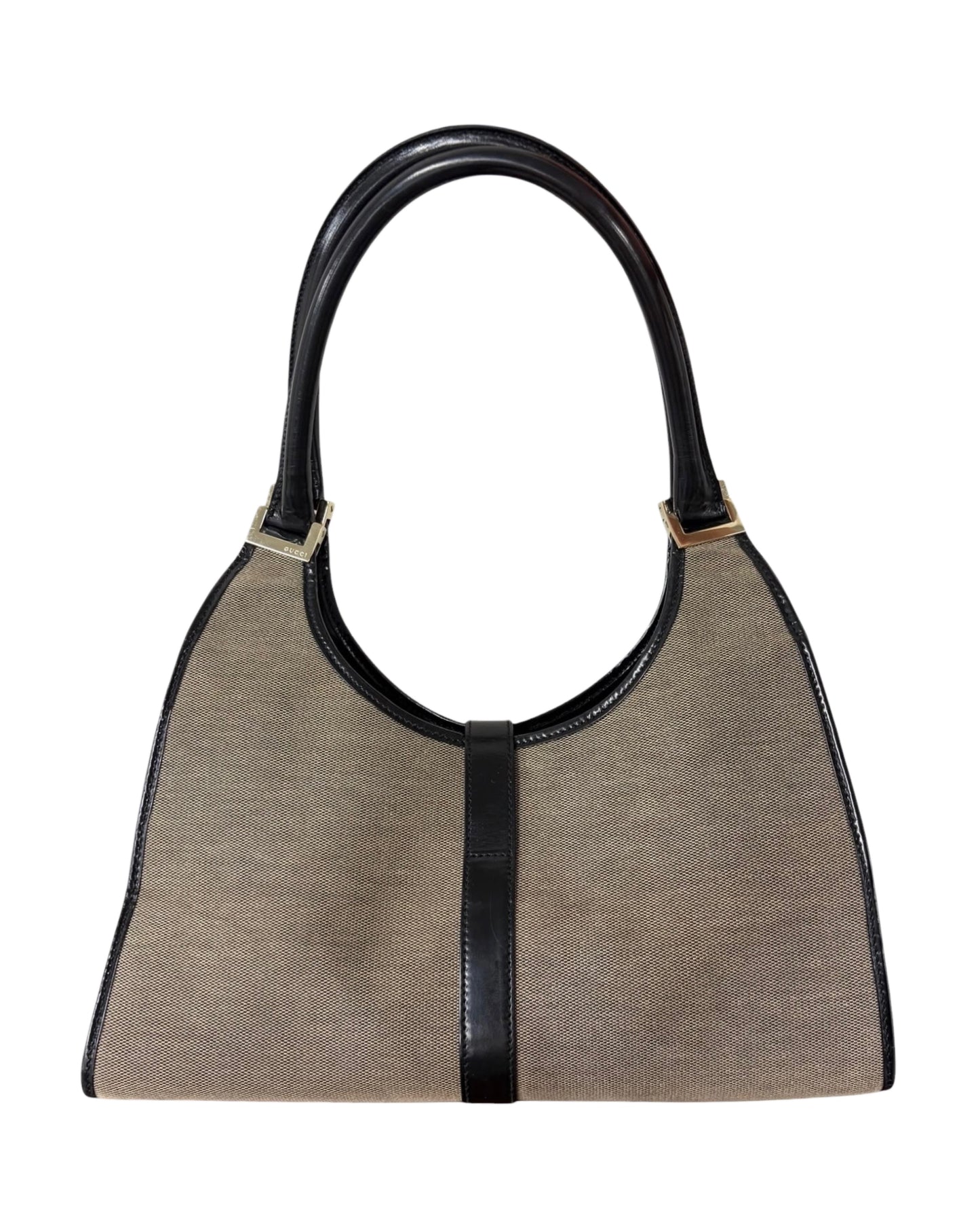Gucci Vintage Beige Canvas with Black Patent Leather Trim Medium Jackie Shoulder Bag 