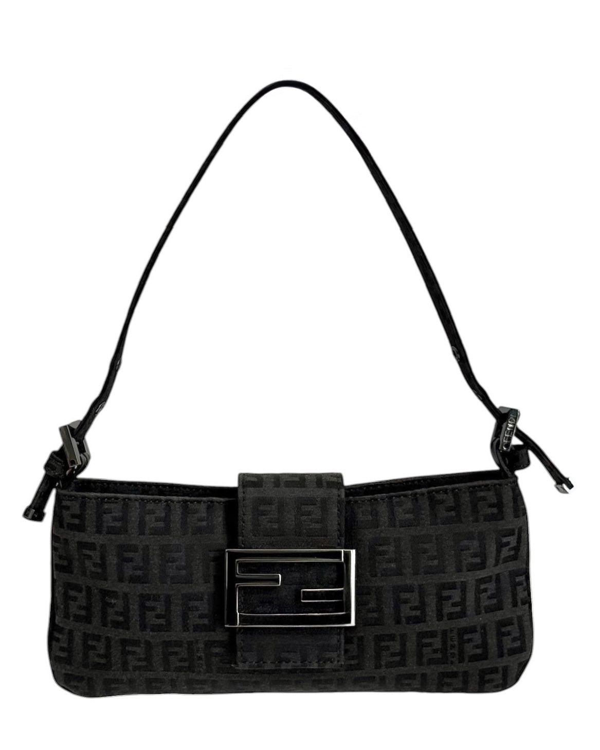 Fendi Vintage Black Zucchino Zucca Monogram Flat Pochette Shoulder Baguette Bag