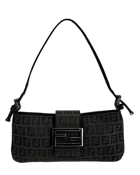 Fendi Vintage Black Zucchino Zucca Monogram Flat Pochette Shoulder Baguette Bag