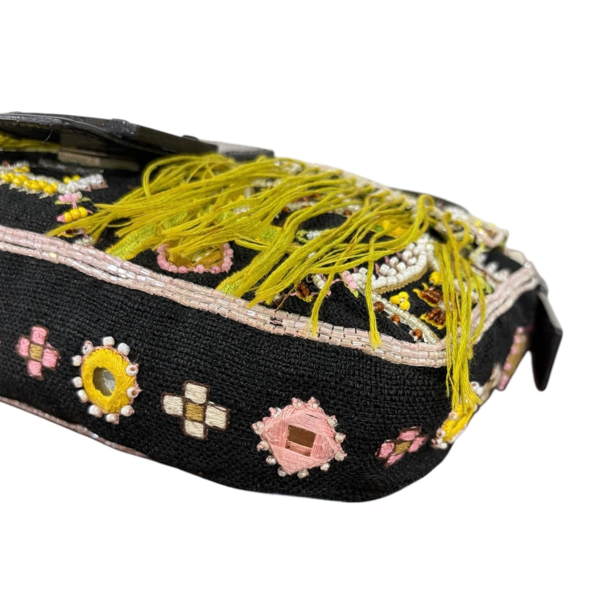 Fendi Vintage Late 90s Black Knit Embroidered Pink Beaded Green Fringe Embellished Shoulder Baguette Bag