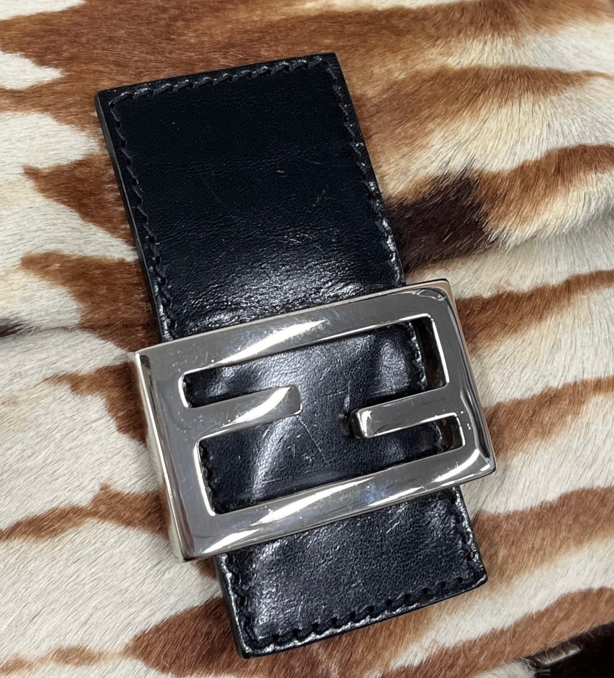Fendi Vintage Ivory & Brown Animal Print Pony Hair Mamma Shoulder Baguette Bag