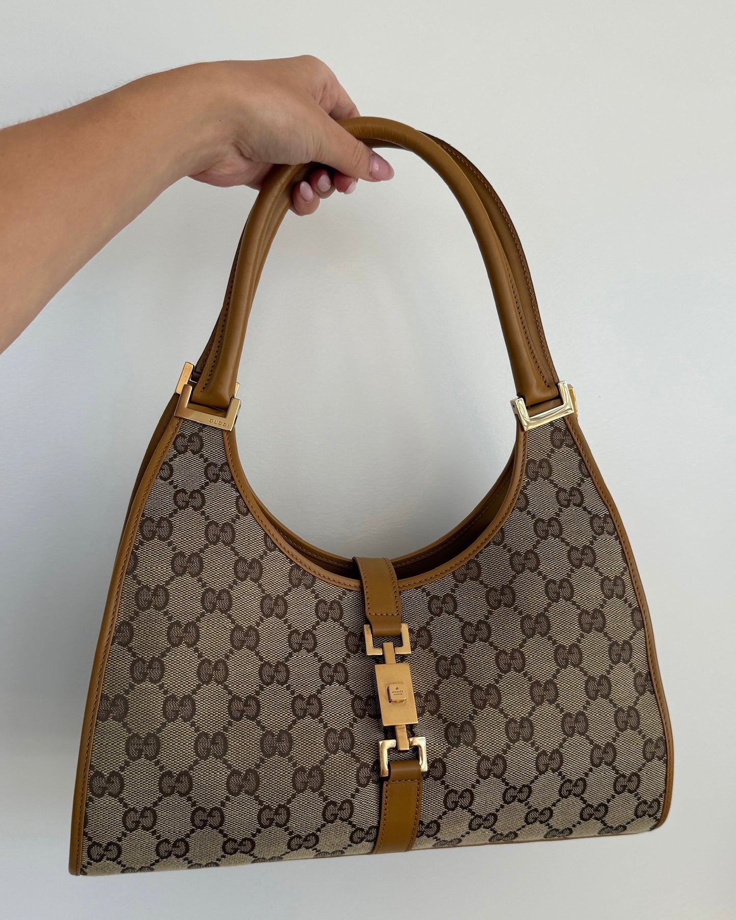 Gucci Vintage Brown GG Monogram Light Brown Leather Trim Medium Jackie Shoulder Bag