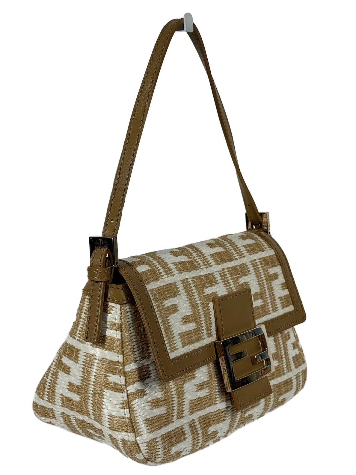 Fendi Beige & White Raffia Zucca Monogram Mini Mamma Baguette