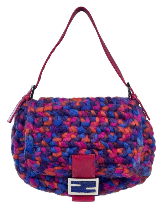 Fendi Vintage Fuchsia Pink Purple  Multicolor Braided Wool Mamma Baguette Baguette Bag