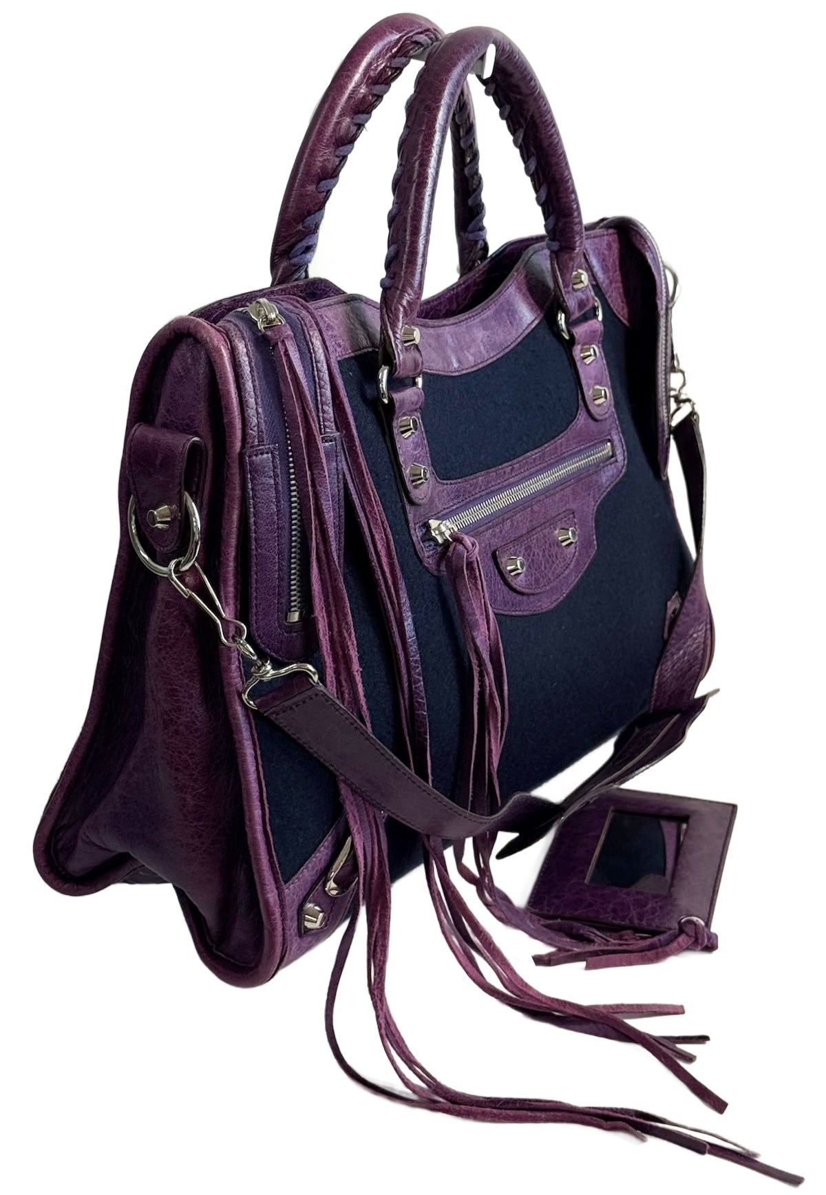 Balenciaga Vintage Blue Felt Purple Leather Trim Large City Bag