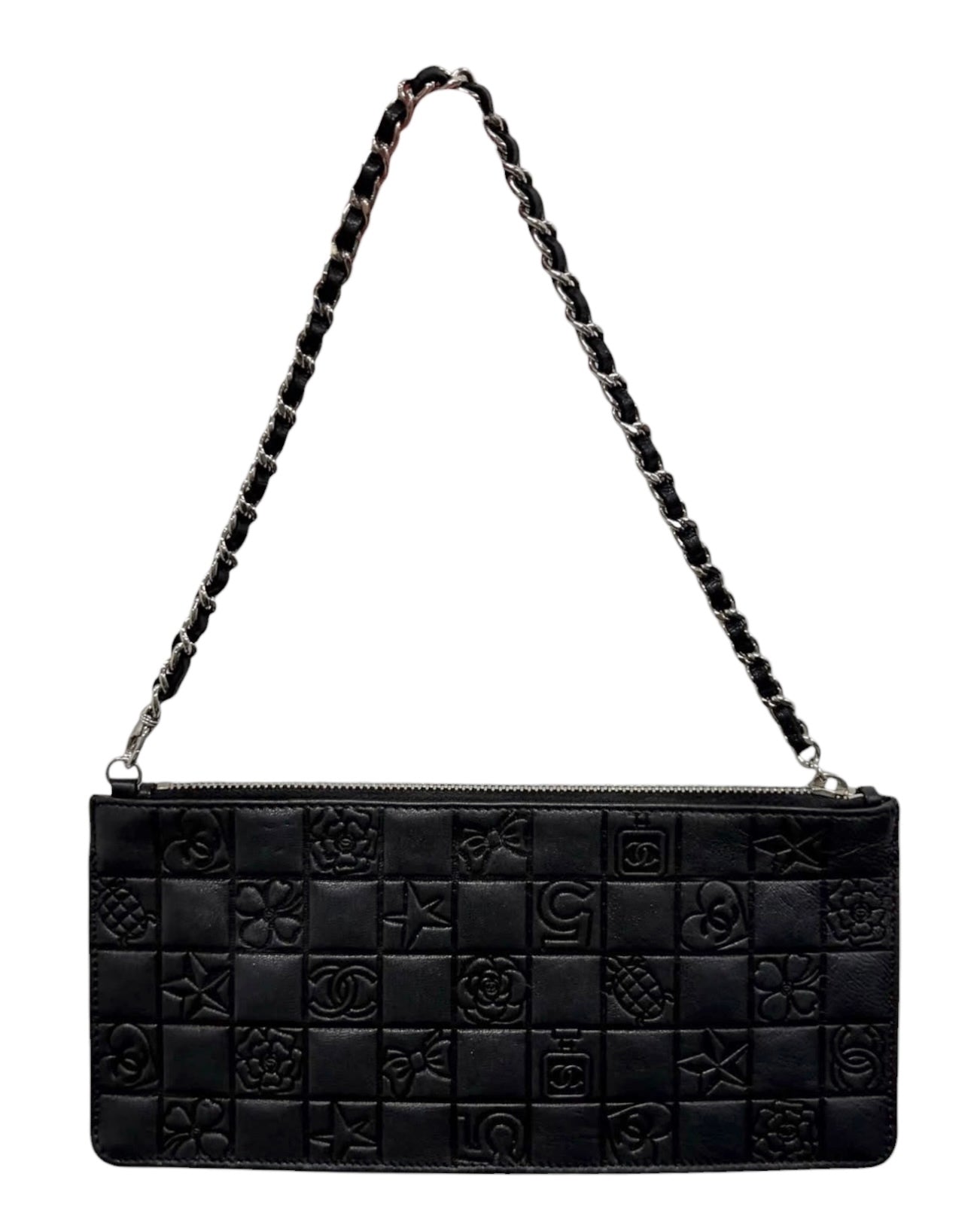 Chanel Vintage 00s Black Quilted Chocolate Bar Lambskin Embossed Motif Logo Shoulder Pochette Bag