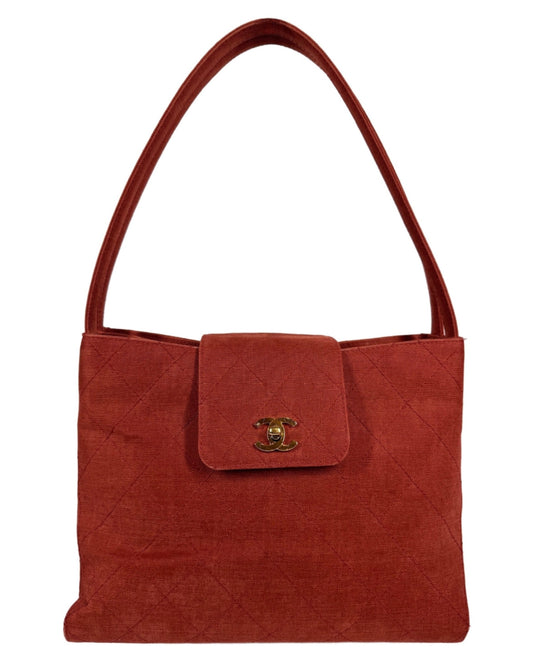 Chanel Vintage 90s Rust Red Quilted Denim Canvas Medium Kelly Shoulder Bag w 24K GPHW