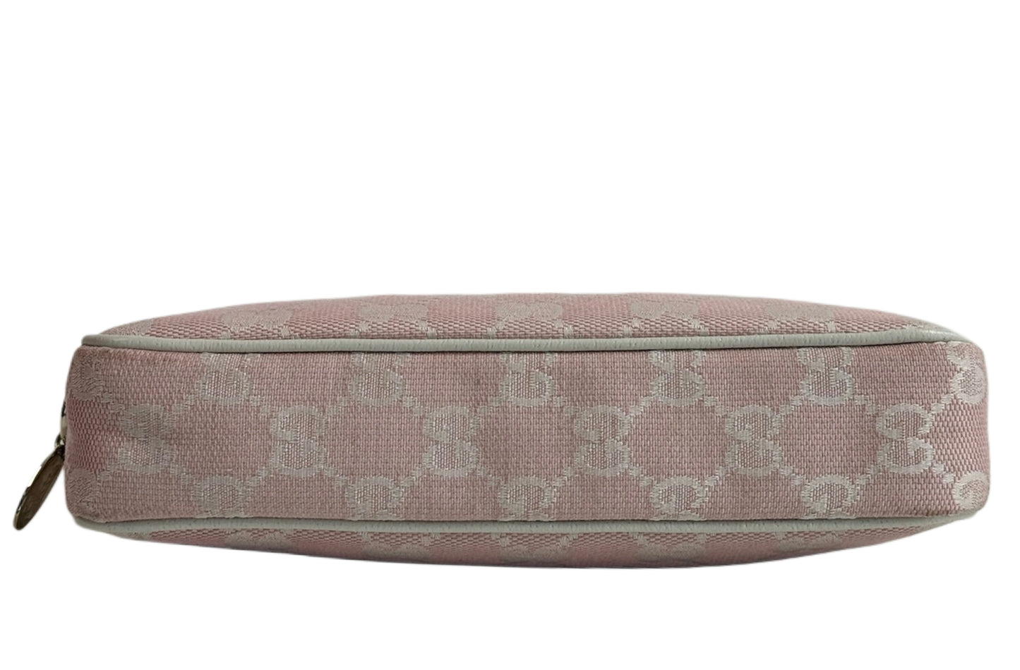 Gucci Vintage Baby Pink GG Monogram Canvas Ivory Leather Trim Mini Charmy Shoulder Pochette Bag