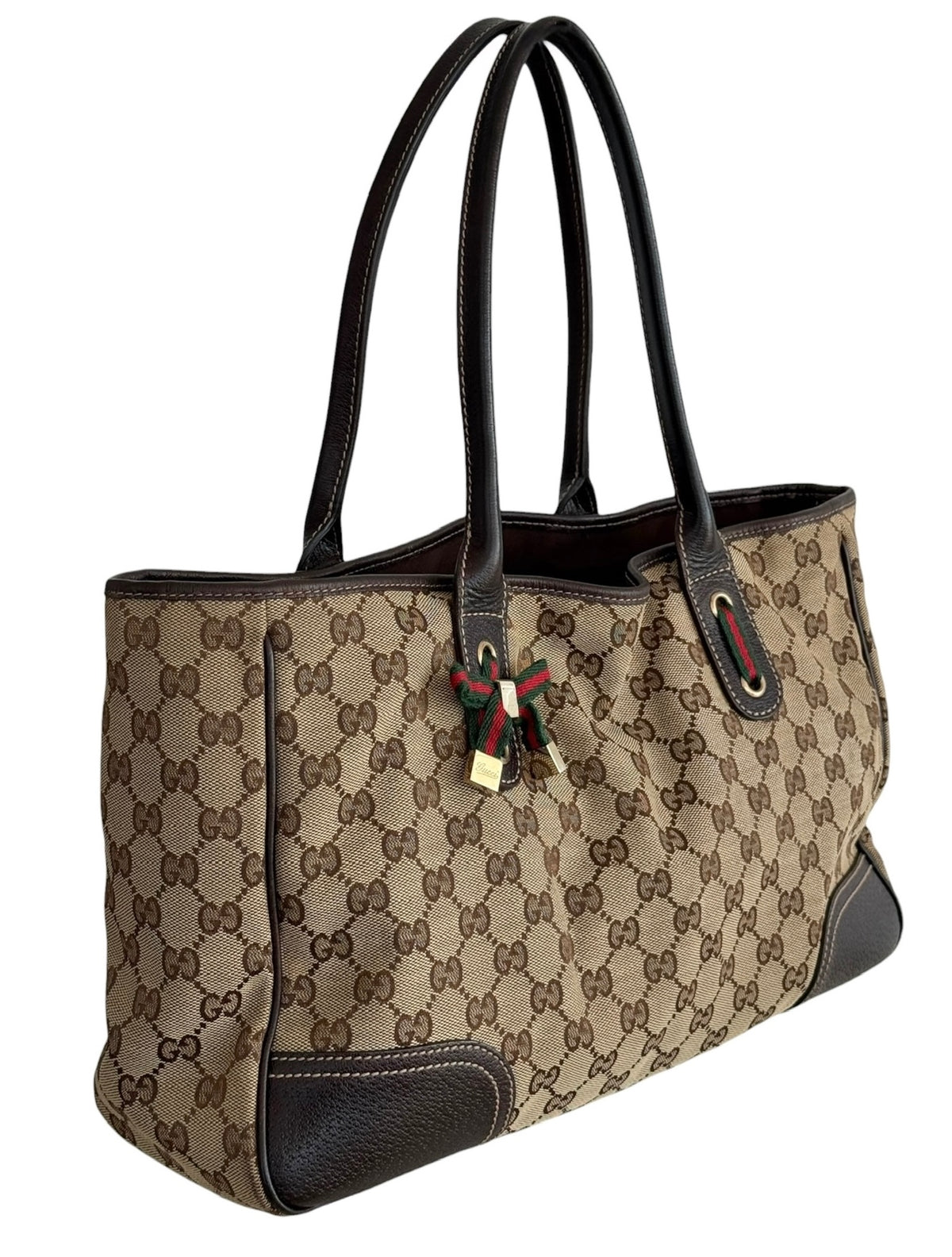Gucci Vintage Brown GG Monogram Princy Medium Shoulder Tote Bag with Webb Stripe Bow