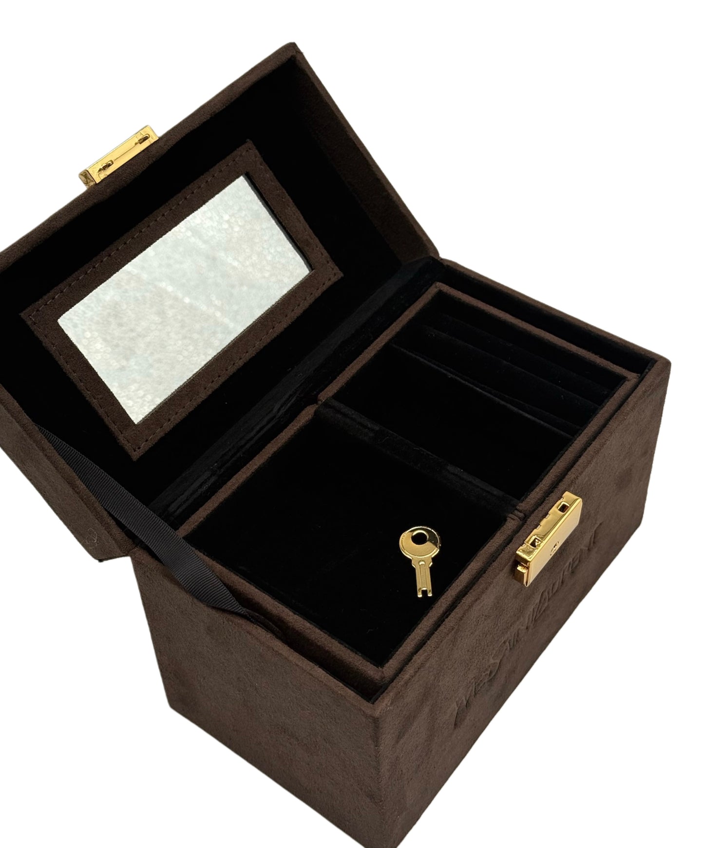 YSL / Yves Saint Laurent Vintage Brown Suede Mini Trunk Vanity Jewelry Case Box