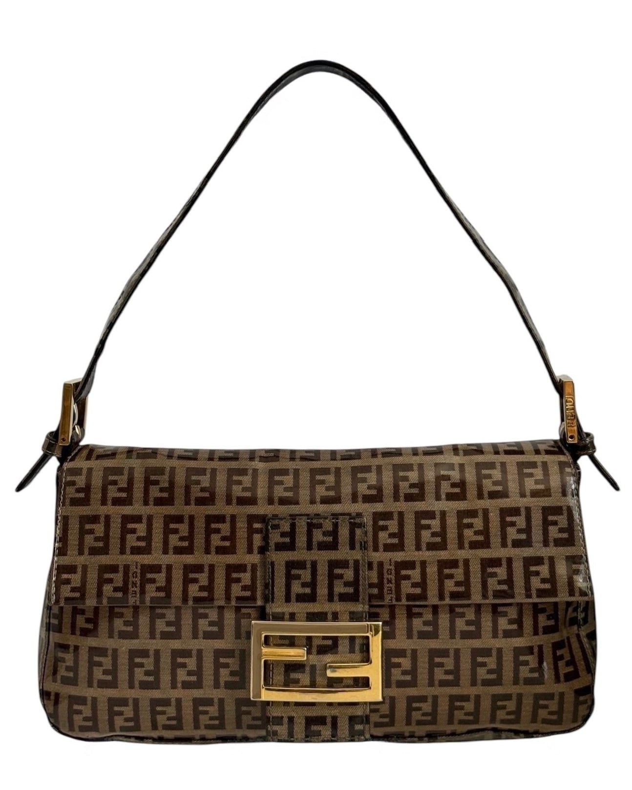 Fendi Vintage Coated Light Brown Zucchinno Zucca Monogram Shoulder Baguette Bag with Gold Enamel Logo