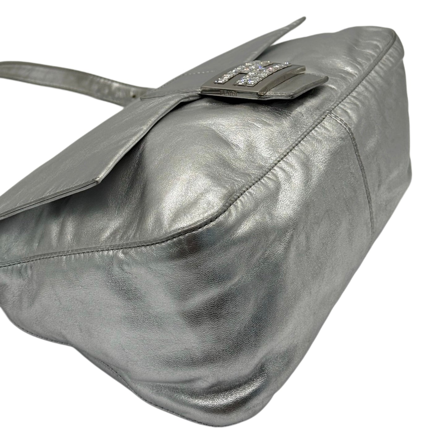 Fendi Vintage Metallic Silver Lambskin Leather Crystal Logo Mamma Shoulder Baguette Bag