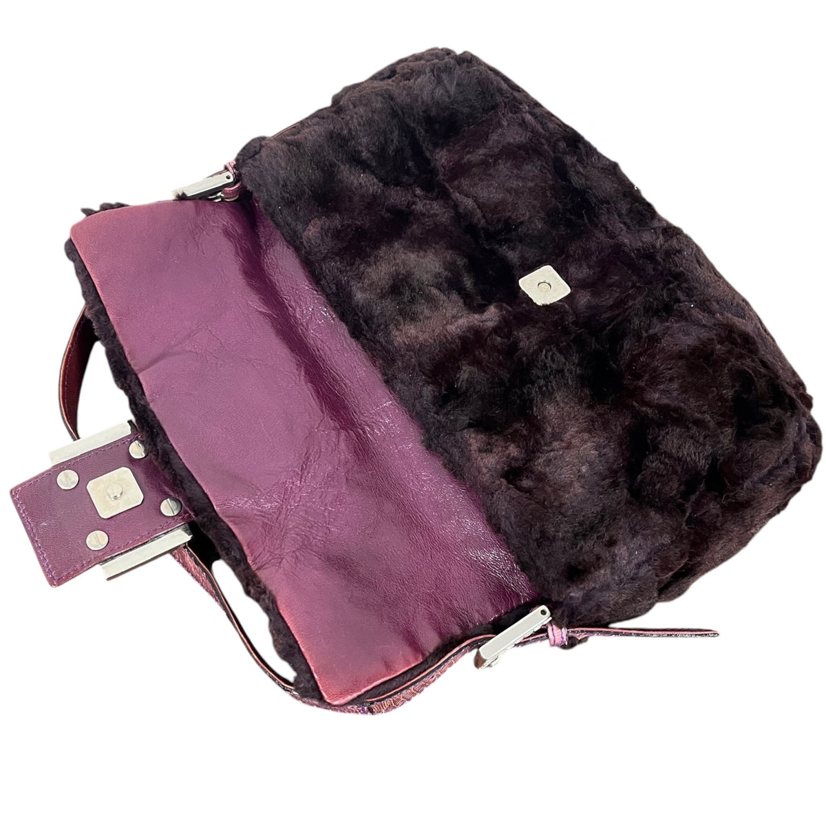 Fendi Vintage Purple Rabbit Fur Pink Lizard Trim Crystal Logo Shoulder Baguette Bag