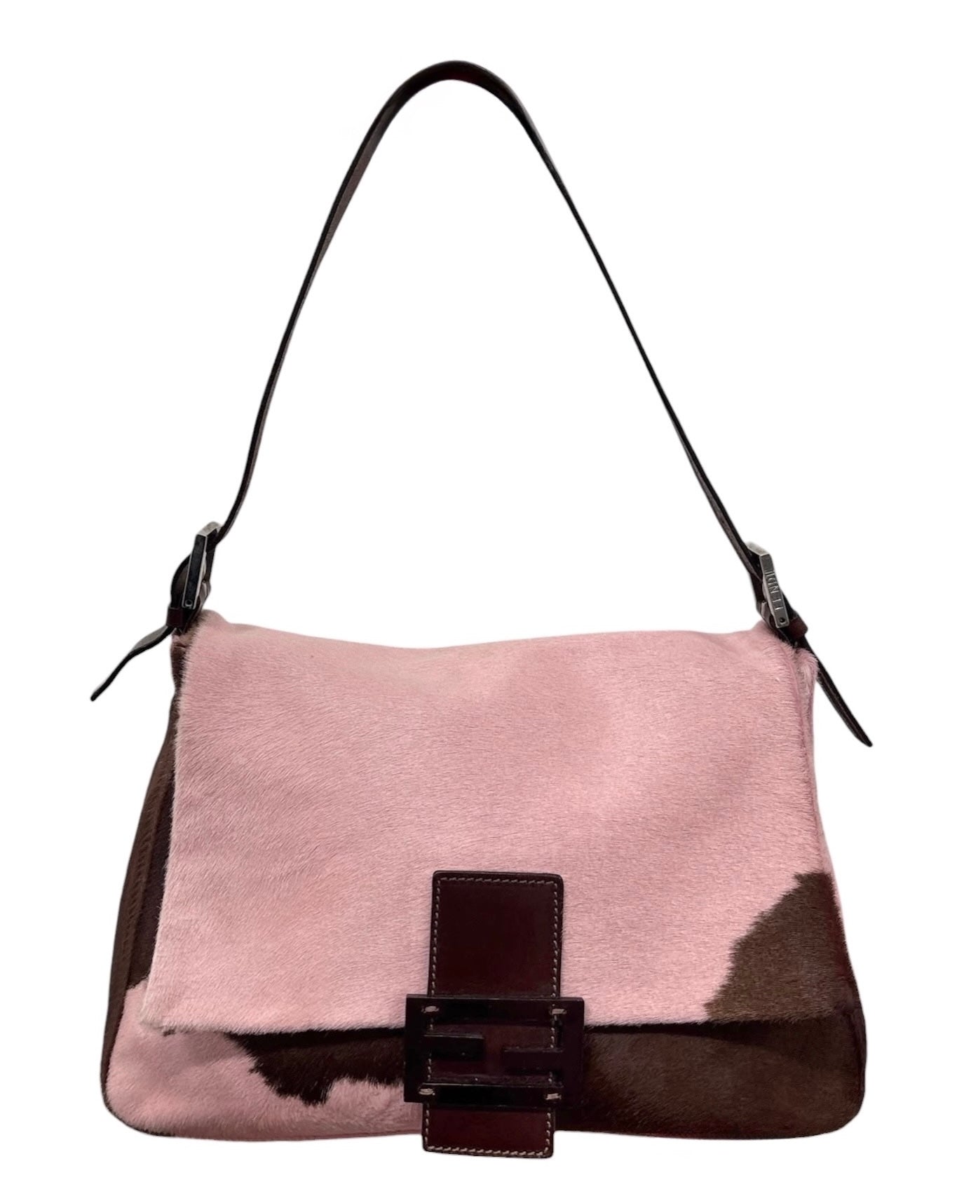 Fendi Vintage Pink & Brown Cow Print Pony Hair Mamma Baguette Shoulder Bag