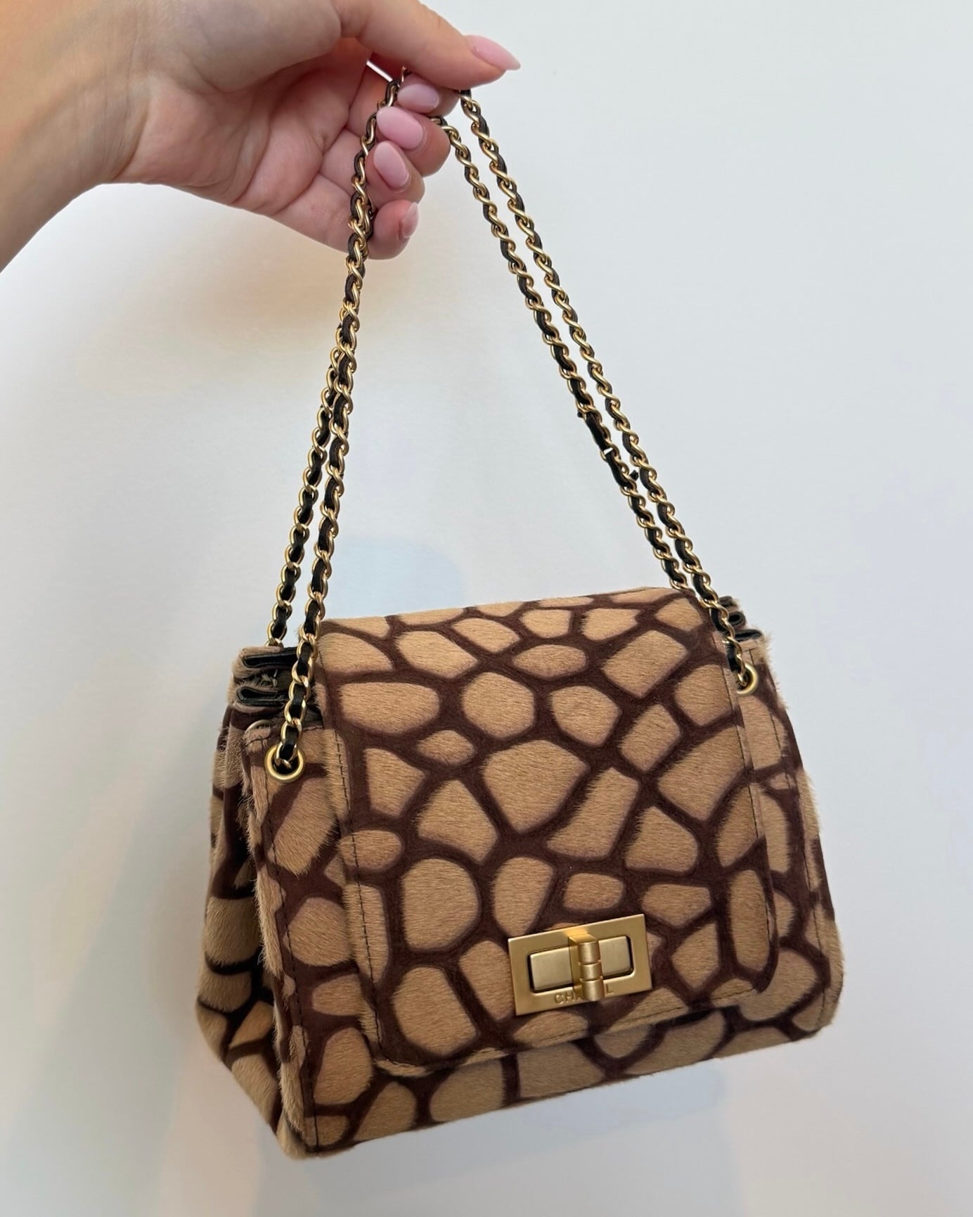 Chanel Vintage 00s Beige & Brown Giraffe Print Pony Hair Logo Reissue Turnlock Mini Top Handle Flap Bag
