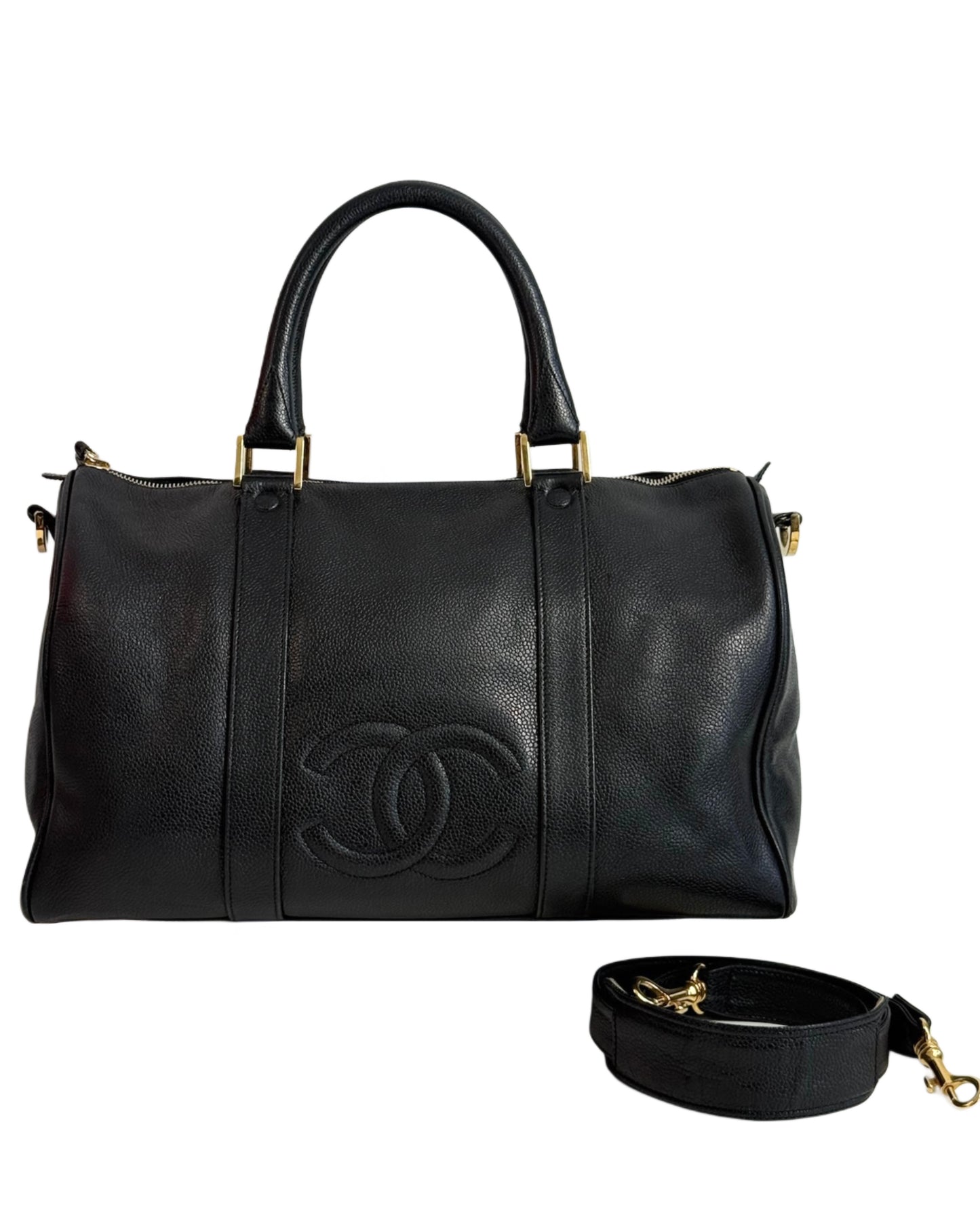 Chanel Vintage 90s Black Caviar CC Logo Small 2-Way Boston Duffle w 24K GPHW