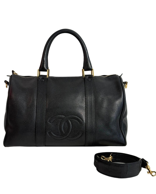Chanel Vintage 90s Black Caviar CC Logo Small 2-Way Boston Duffle w 24K GPHW