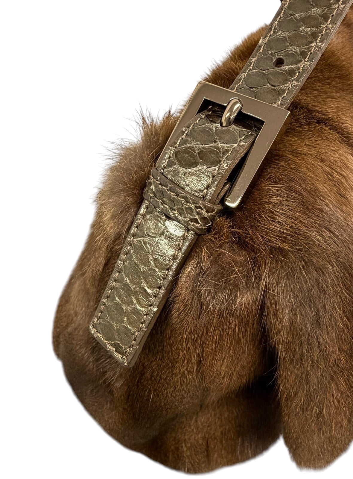 Fendi Vintage Brown Rabbit Fur Python Trim Mamma Baguette Shoulder Bag