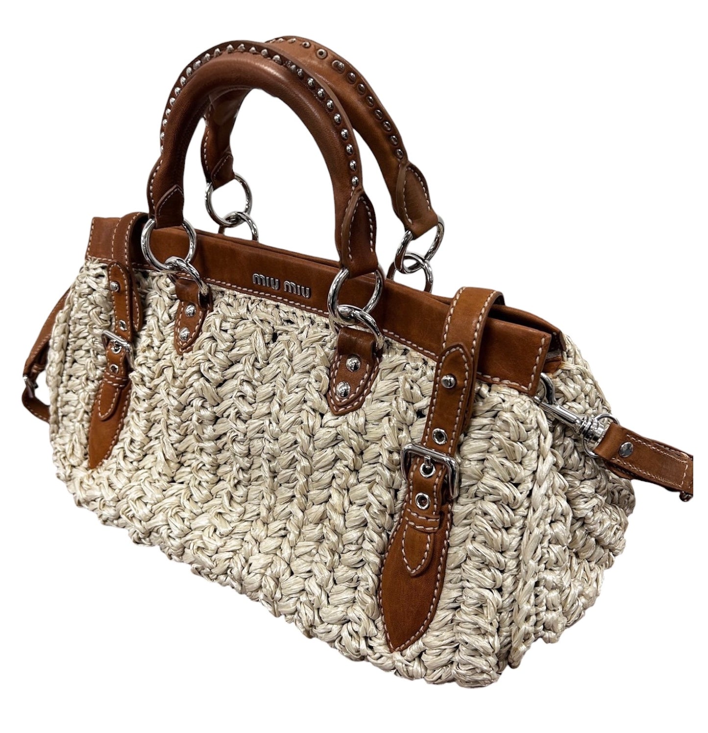 Miu Miu Vintage Beige Woven Raffia Brown Leather Trim Two-Way Shoulder Bag