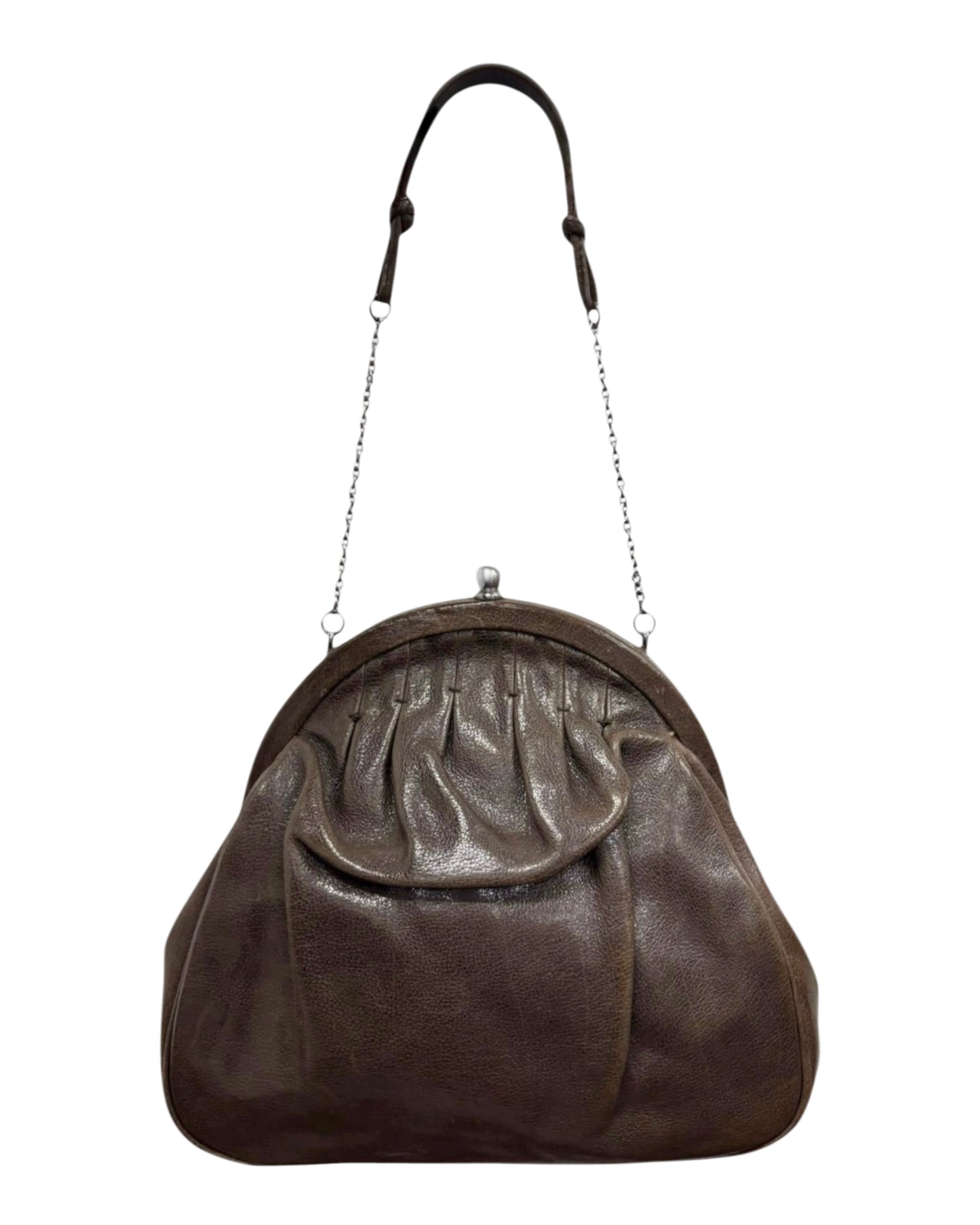 Prada Vintage Light Brown Calfskin Gathered Kisslock Clutch Chain Bag