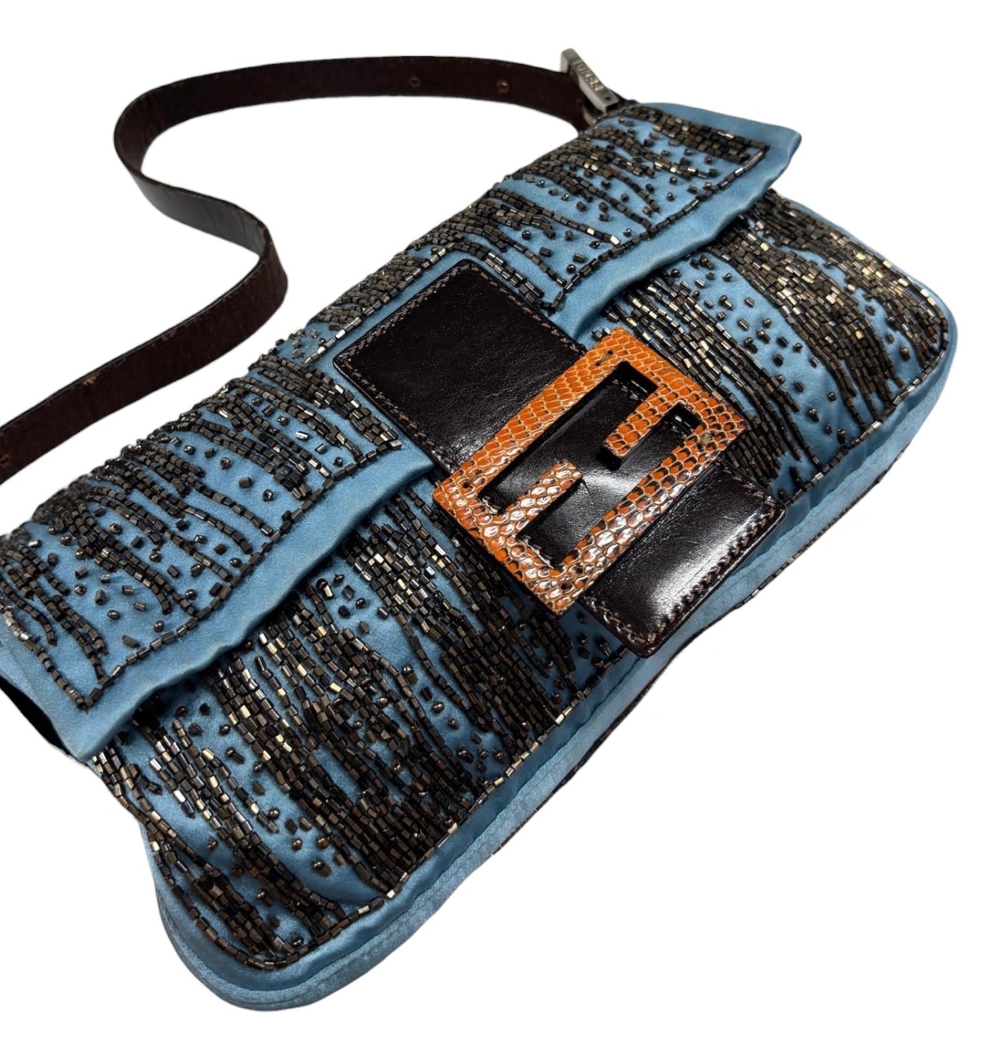 Fendi Vintage Blue Silk Beaded Orange Lizard Trim Shoulder Baguette Bag 