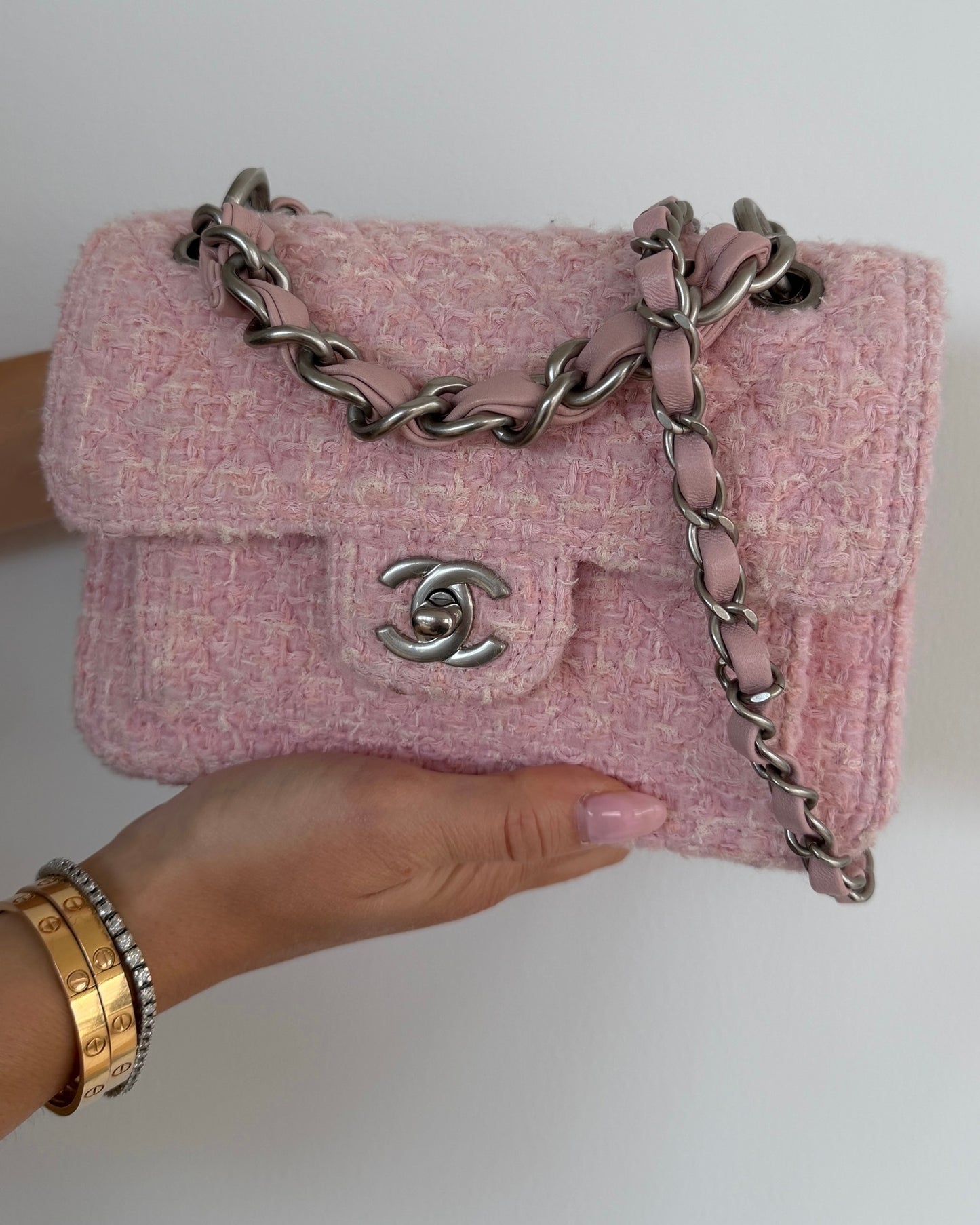 Chanel Pink Tweed Mini Shoulder Top Handle Flap Bag