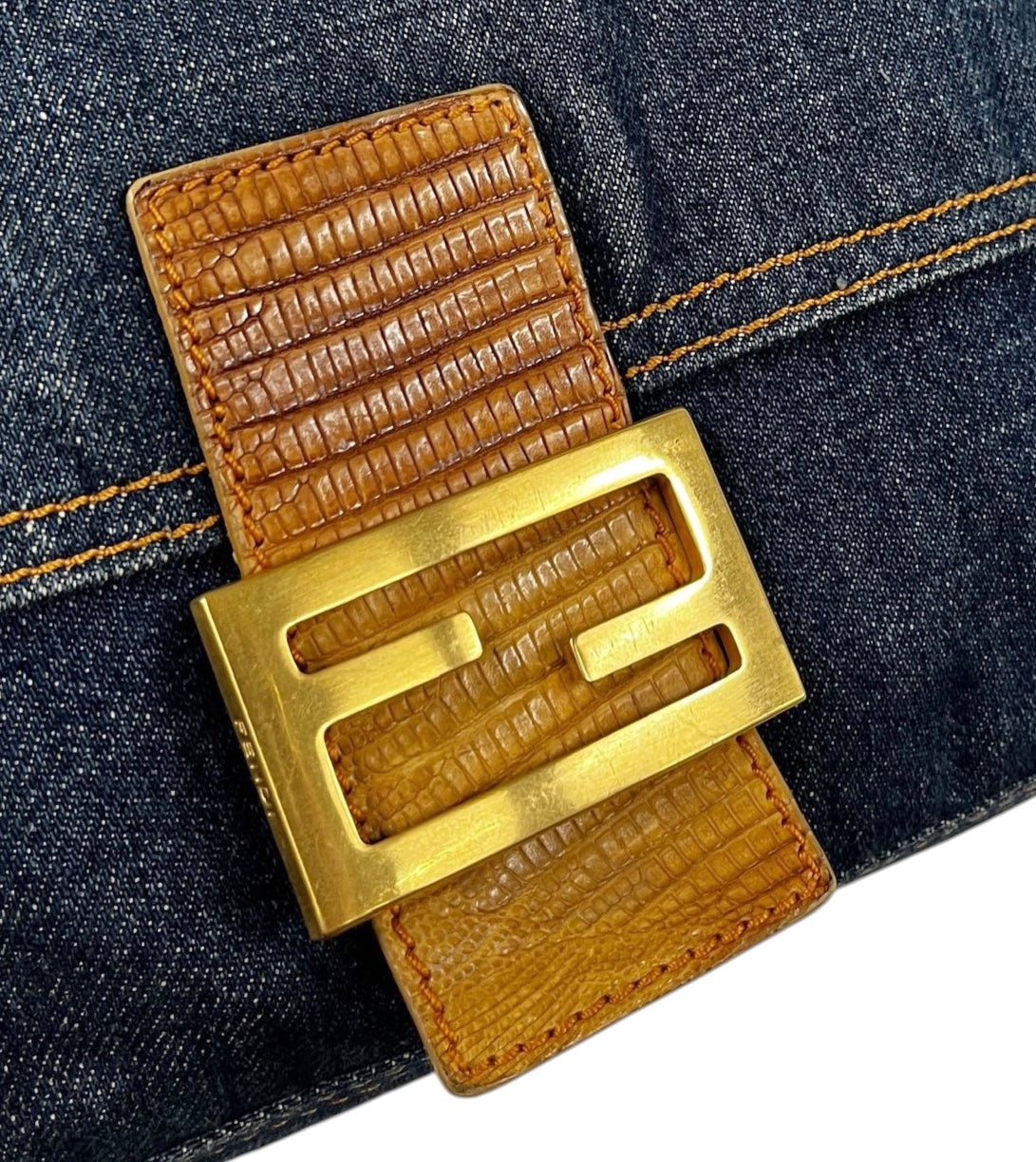 Fendi Vintage Blue Denim Beige Lizard Trim Mamma Shoulder Baguette Bag