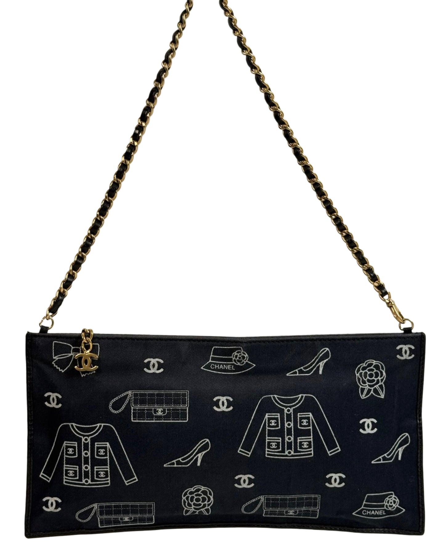 Chanel Vintage 00s Navy Blue Canvas CC Motif Flat Pochette Shoulder Bag