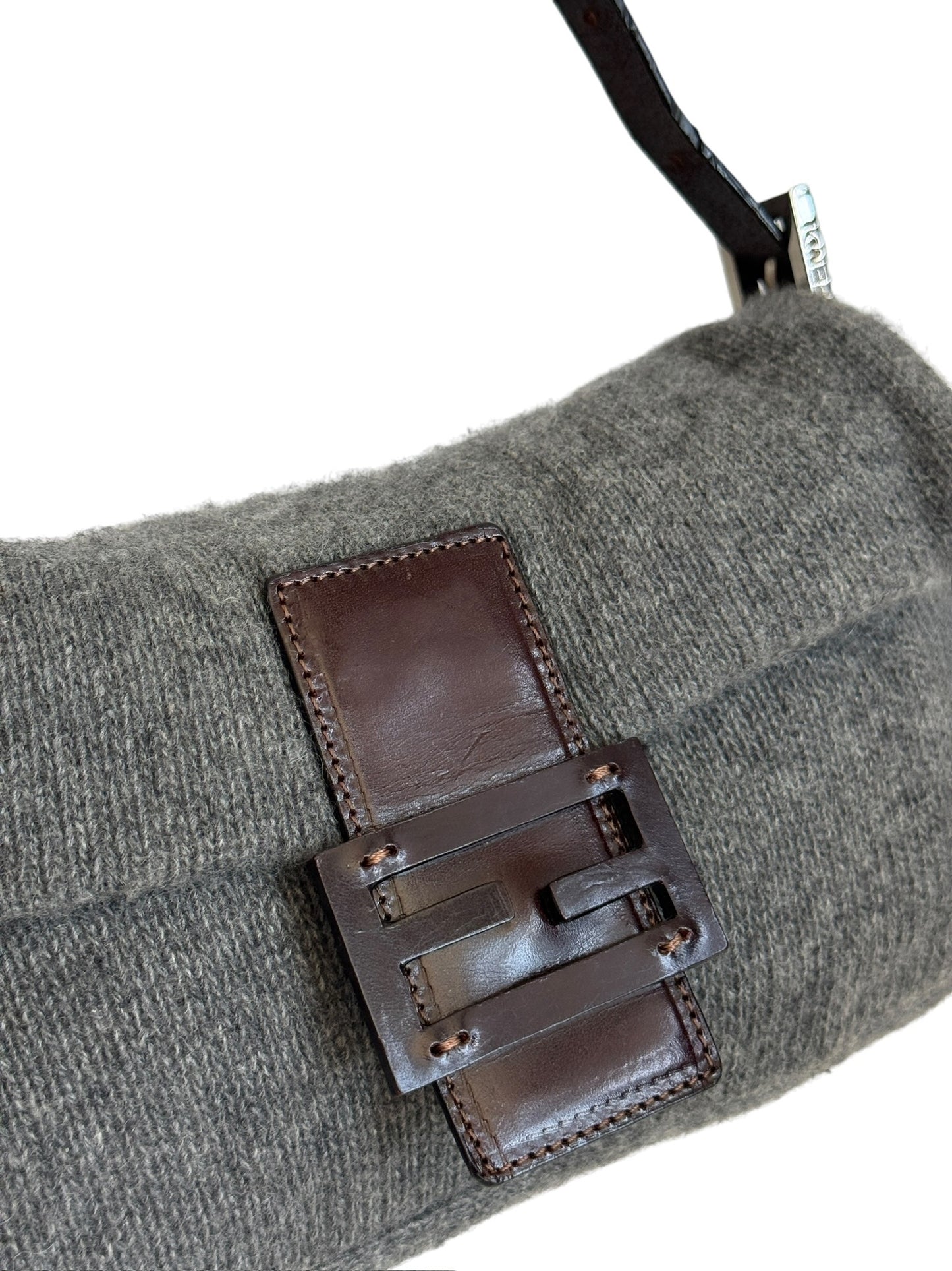 Fendi Vintage Gray Knit Wool Shoulder Baguette Bag