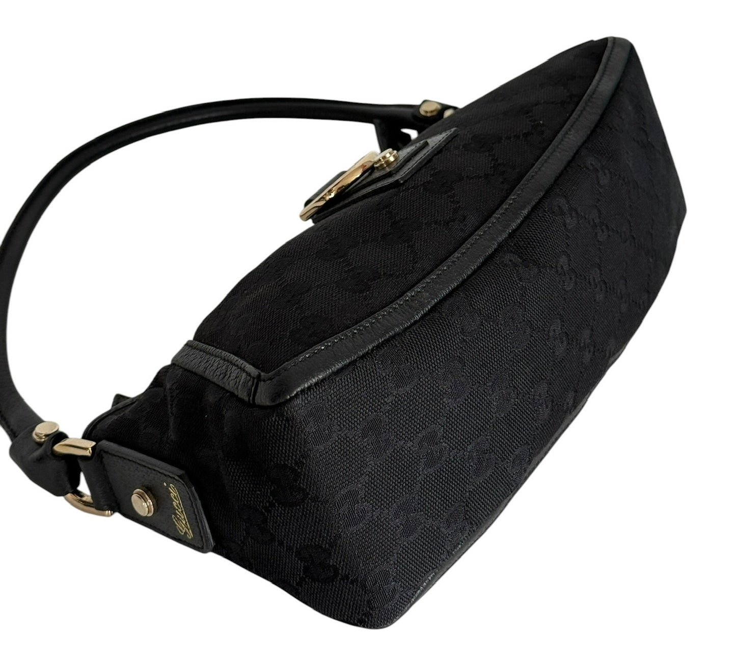 Gucci Vintage Black GG Monogram Canvas Round D Ring Abbey Pochette Shoulder Bag