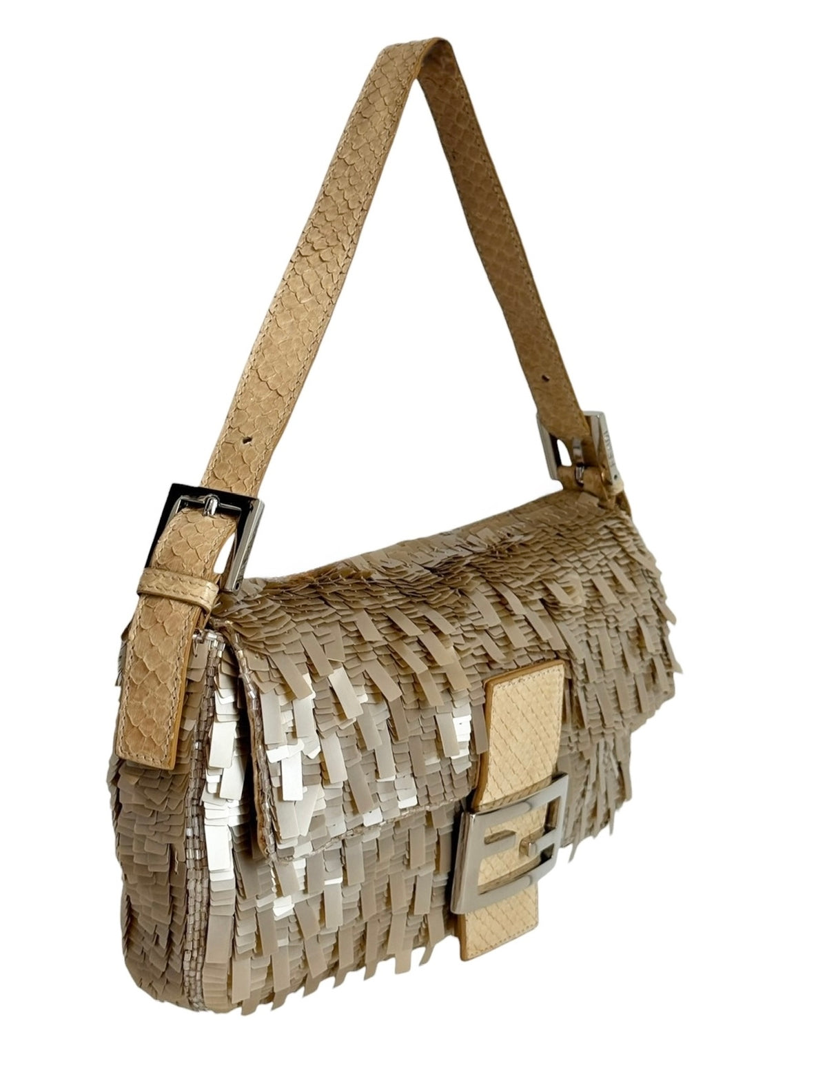 Fendi Vintage Champagne Gold Palliates Sequin Beaded Shoulder Baguette Bag with Python Trim