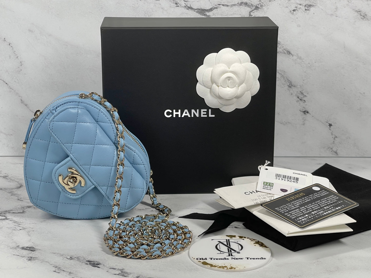 Chanel 22S Baby Blue Quilted Lambskin Small Heart Bag Clutch with on Chain
