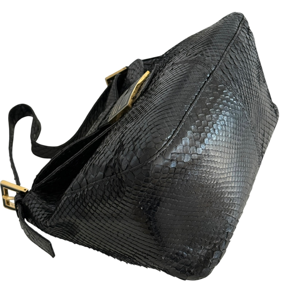 Fendi Vintage Black Python Leather Double Flap Bucket Small Hobo Shoulder Baguette Bag