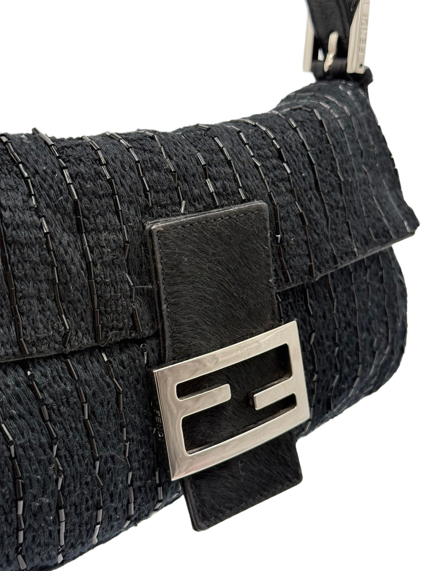 Fendi Vintage Black Knit Silver Beaded Shoulder Baguette Bag w Black Pony Hair Trim