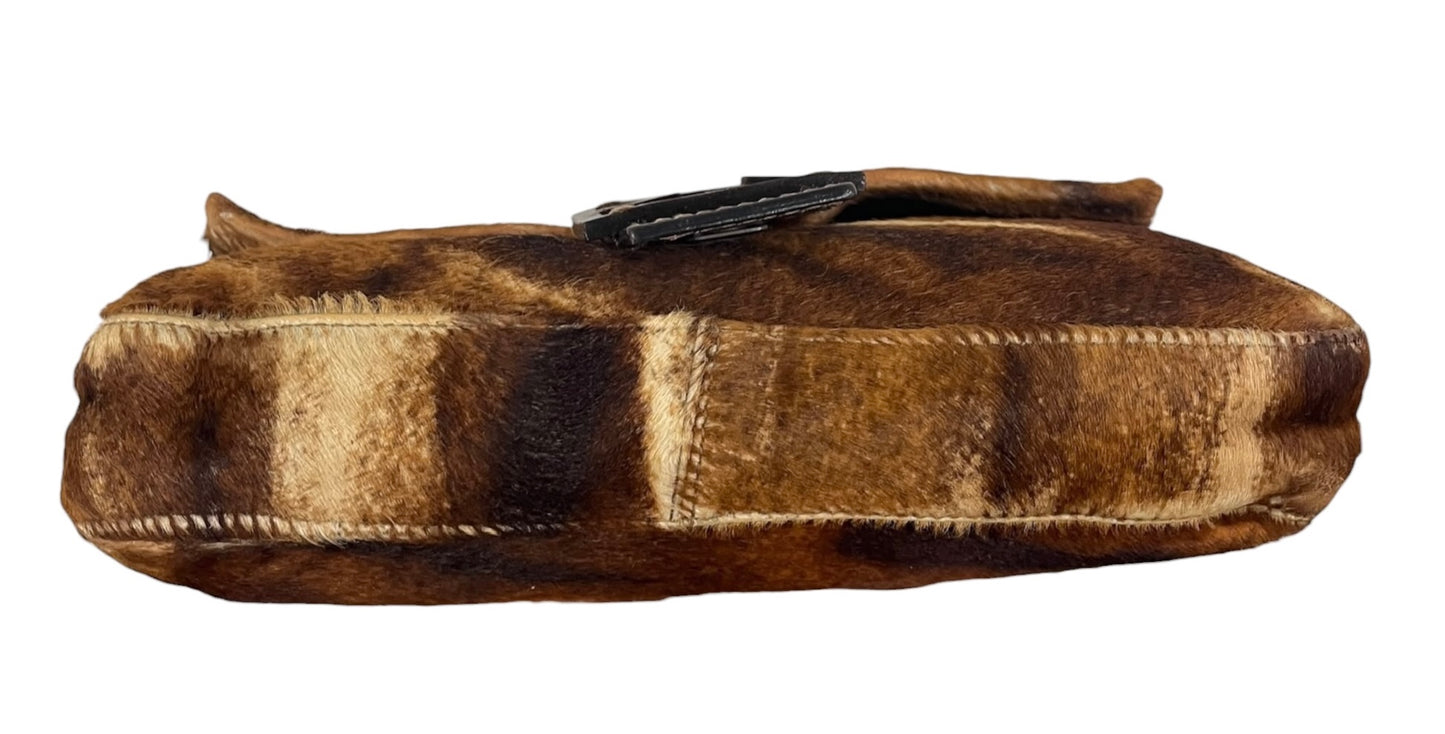 Fendi Vintage Brown Animal Print Pony Hair Shoulder Baguette Bag