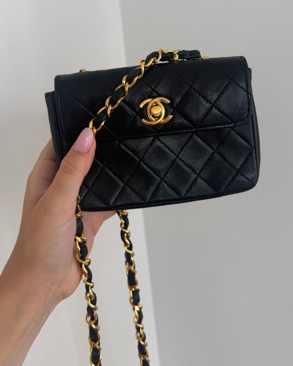 Chanel Vintage 80s Black Quilted Lambskin Micro Mini Rectangular Classic Flap Bag with 24K GPHW