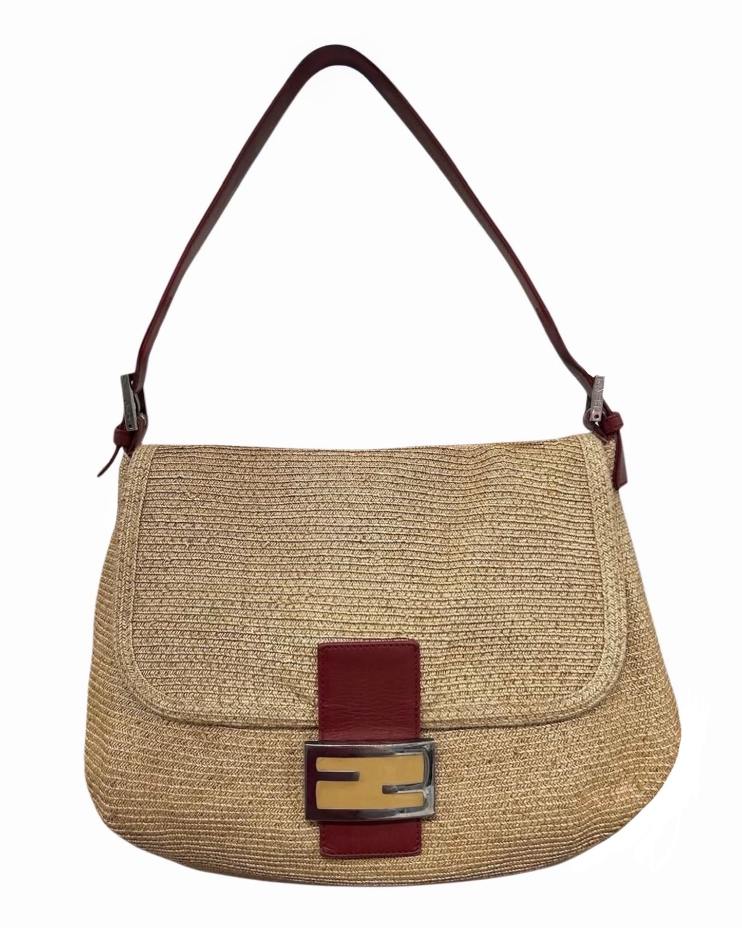 Fendi Vintage Beige Raffia and Red Leather Trim Mamma Baguette Shoulder Bag 
