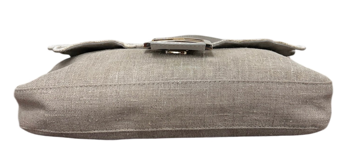 Fendi Vintage Beige Linen White Floral Embroidered Shoulder Baguette Bag