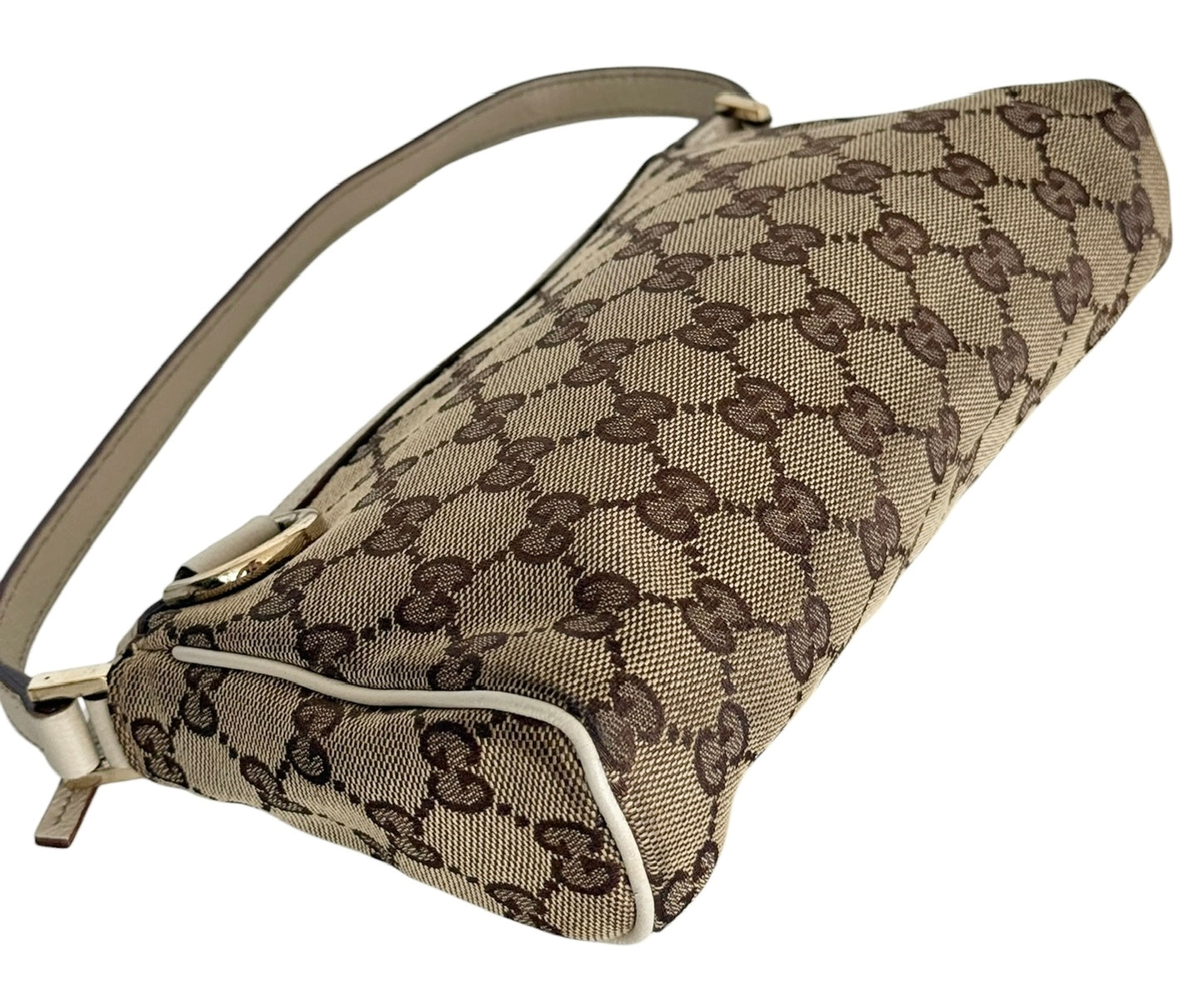 Gucci Vintage Brown GG Monogram Ivory Leather Trim Abbey Pochette