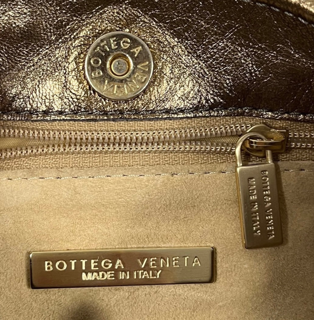 Bottega Venteta Vintage Metallic Gold Intrecciato Leather Medium Shoulder Bag