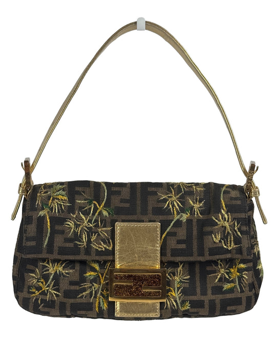 Fendi Vintage Brown Zucca Monogram Embroidered Gold Palm Tree Baguette Shoulder Bag