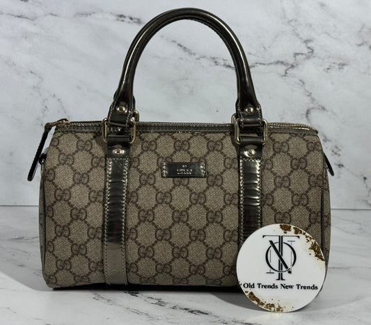 Gucci Vintage Brown Metallic Pewter Supreme GG Monogram Coated Canvas Mini / Small Joy Boston Bag