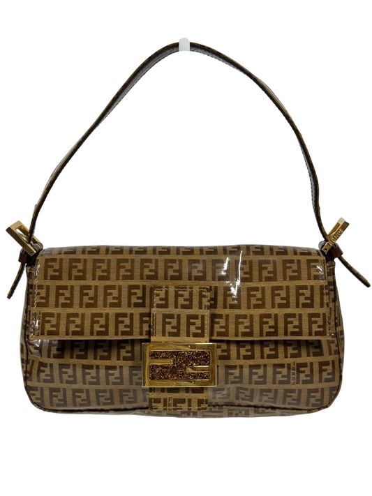 Fendi Vintage Brown Patent Leather Zucchino Monogram Glitter Buckle Baguette Shoulder Bag