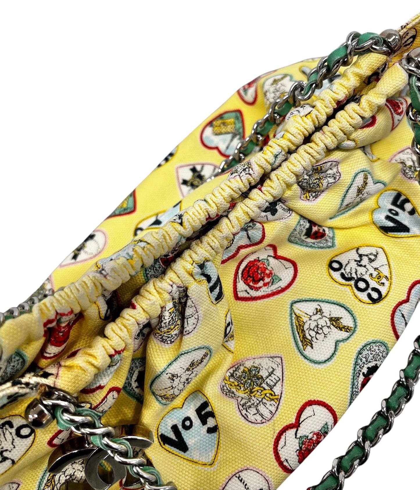 Chanel Vintage 2006 Yellow Valentine Heart Motif Canvas CC Charm Small Pochette Bag
