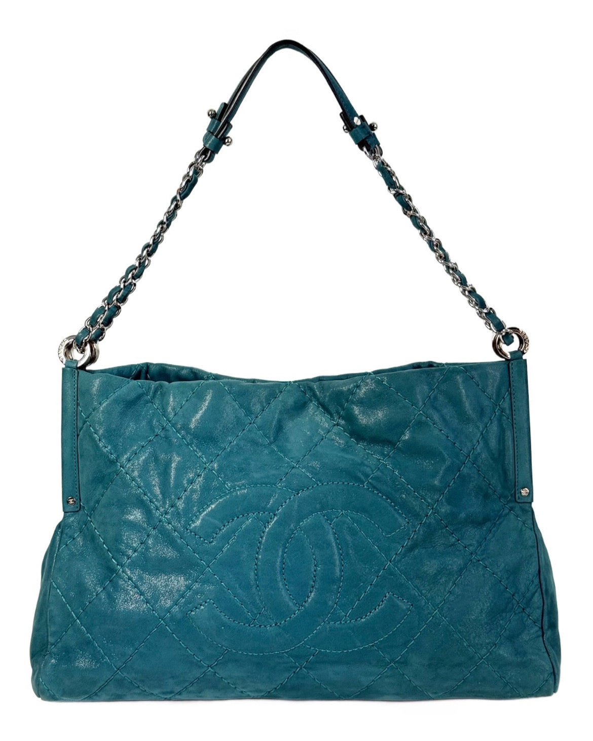 Chanel 2012 Iridescent Turquoise Crinkled Calfskin CC Medium Shoulder Tote Bag