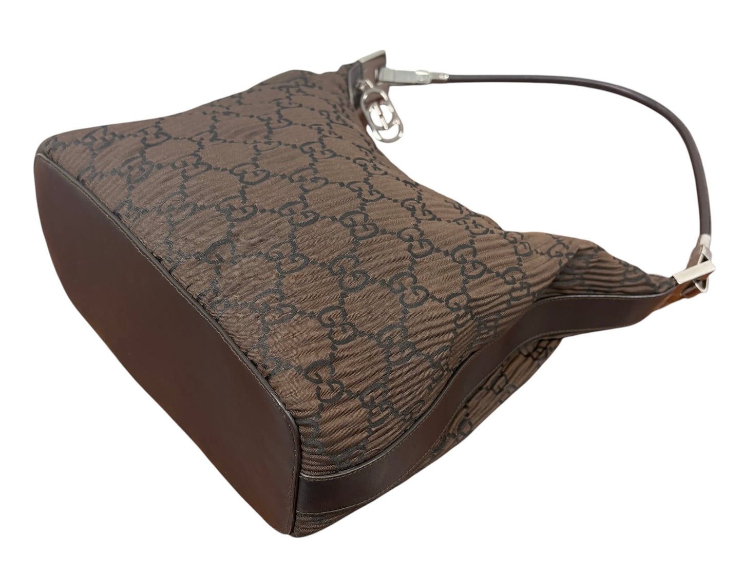 Gucci Vintage Dark Brown Satin Pleated GG Monogram Small Hobo Shoulder Bag