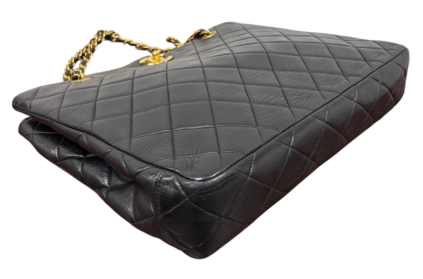 Chanel Vintage 90s Black Quilted Lambskin Classic Turnlock Shoulder Tote Bag with 24K Gold Plated Hardware