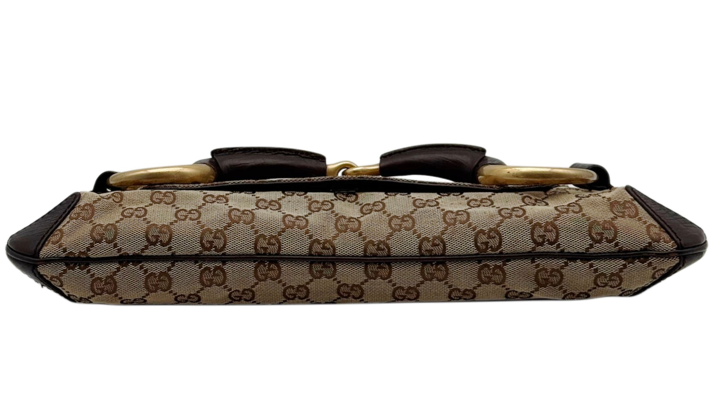 Gucci Vintage Brown GG Monogram Large Horsebit Shoulder Clutch Pochette Bag