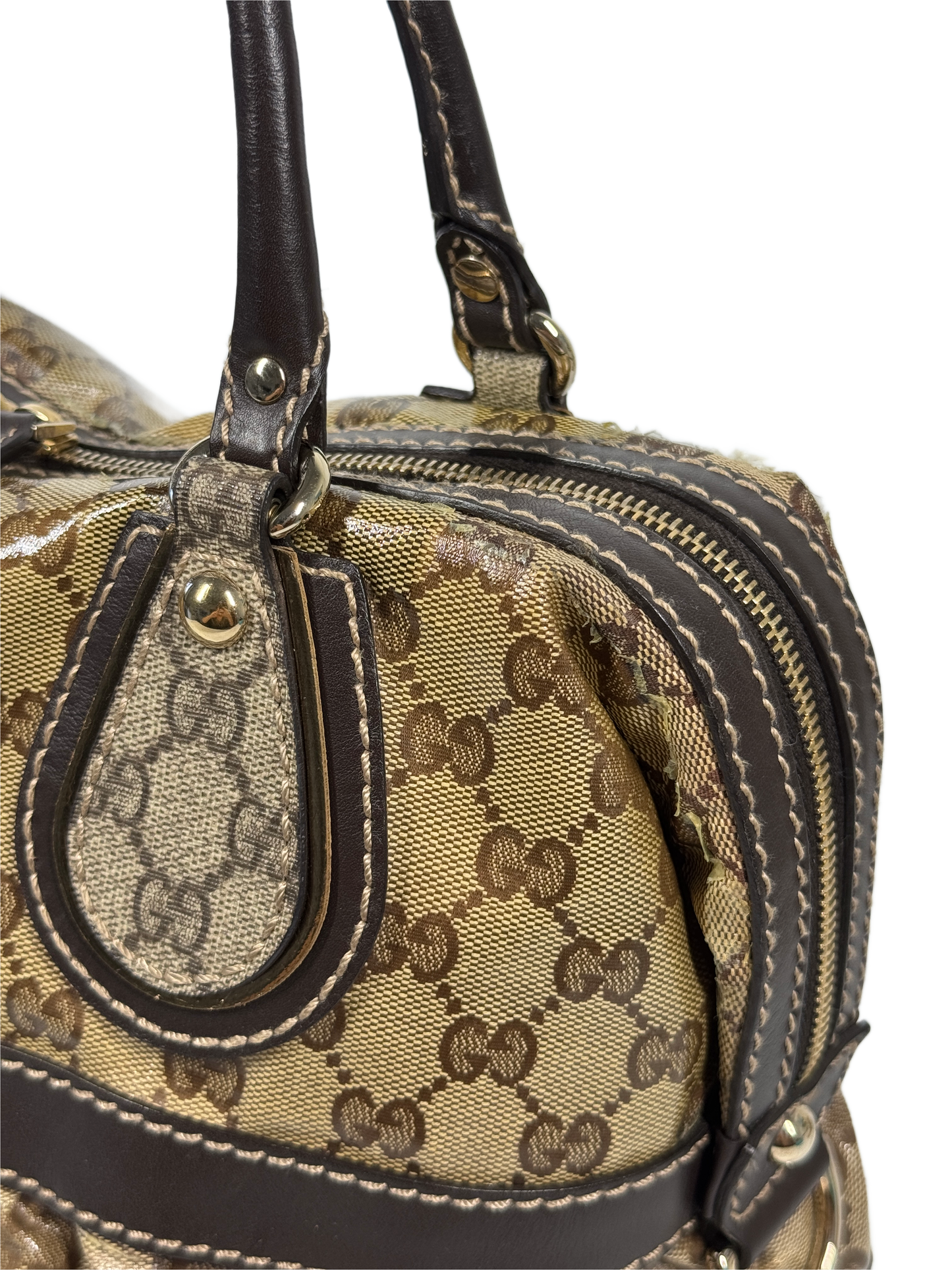 Gucci Vintage Coated Brown GG Monogram Canvas Crystal Mix Ruffle Handbag